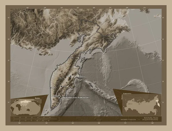 Kamchatka Territory Russia Elevation Map Colored Sepia Tones Lakes Rivers — 图库照片