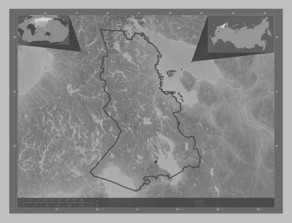 Karelia Republic Russia Grayscale Elevation Map Lakes Rivers Corner Auxiliary — Stok fotoğraf