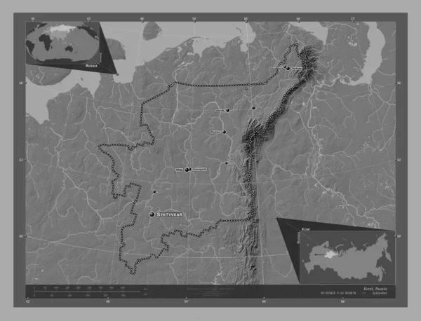 Komi Republic Russia Bilevel Elevation Map Lakes Rivers Locations Names —  Fotos de Stock