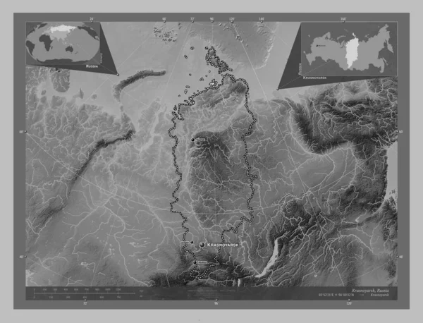 Krasnoyarsk Territory Russia Grayscale Elevation Map Lakes Rivers Locations Names — Stok fotoğraf