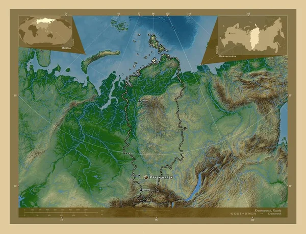 Krasnoyarsk Territory Russia Colored Elevation Map Lakes Rivers Locations Names — Stockfoto