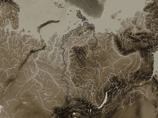 Krasnoyarsk Territory Russia Elevation Map Colored Sepia Tones Lakes Rivers — Stock Photo, Image