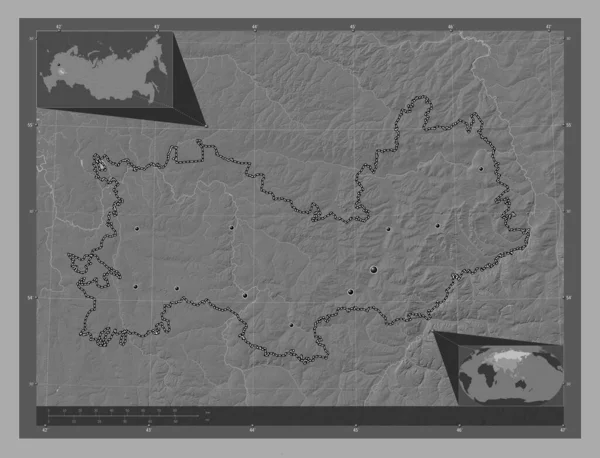 Mordovia Republic Russia Bilevel Elevation Map Lakes Rivers Locations Major — Stock Photo, Image