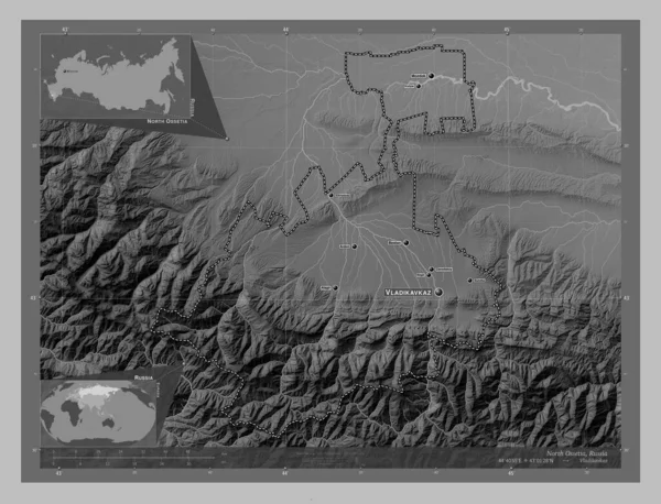 North Ossetia Republic Russia Grayscale Elevation Map Lakes Rivers Locations — Foto de Stock