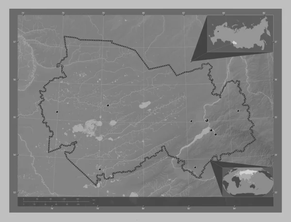 Novosibirsk Region Russia Grayscale Elevation Map Lakes Rivers Locations Major — Stock Photo, Image