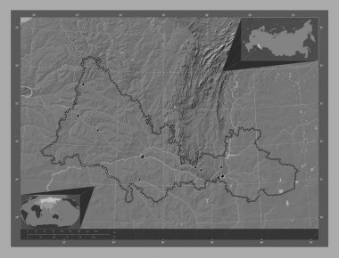 Orenburg, region of Russia. Bilevel elevation map with lakes and rivers. Locations of major cities of the region. Corner auxiliary location maps