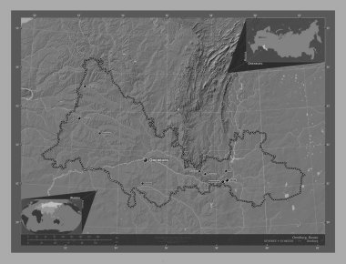 Orenburg, region of Russia. Bilevel elevation map with lakes and rivers. Locations and names of major cities of the region. Corner auxiliary location maps