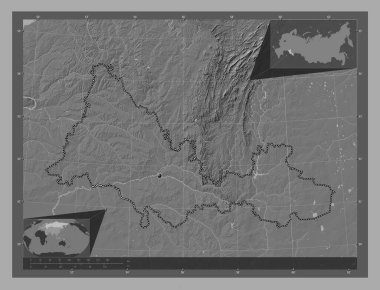 Orenburg, region of Russia. Bilevel elevation map with lakes and rivers. Corner auxiliary location maps
