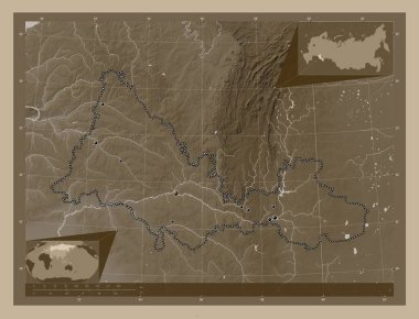 Orenburg, region of Russia. Elevation map colored in sepia tones with lakes and rivers. Locations of major cities of the region. Corner auxiliary location maps