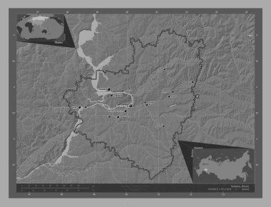 Samara, region of Russia. Bilevel elevation map with lakes and rivers. Locations and names of major cities of the region. Corner auxiliary location maps