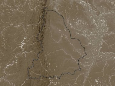 Sverdlovsk, region of Russia. Elevation map colored in sepia tones with lakes and rivers