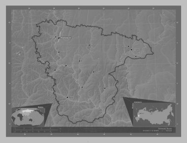 Voronezh, region of Russia. Grayscale elevation map with lakes and rivers. Locations and names of major cities of the region. Corner auxiliary location maps