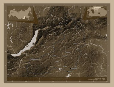 Zabaykal'ye, territory of Russia. Elevation map colored in sepia tones with lakes and rivers. Locations and names of major cities of the region. Corner auxiliary location maps