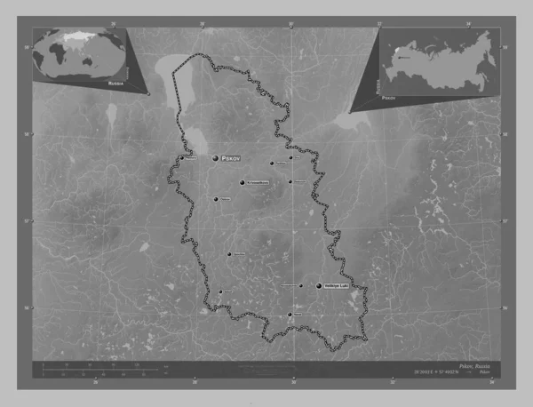 Pskov Region Russia Grayscale Elevation Map Lakes Rivers Locations Names — Fotografia de Stock