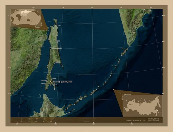 Sakhalin Region Russia Low Resolution Satellite Map Locations Names Major — стокове фото