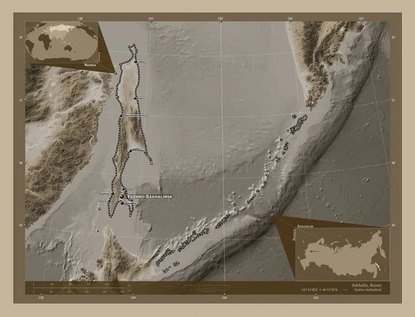 Sakhalin Region Russia Elevation Map Colored Sepia Tones Lakes Rivers — Stok fotoğraf