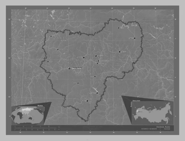 Smolensk Region Russia Grayscale Elevation Map Lakes Rivers Locations Names — Stok fotoğraf