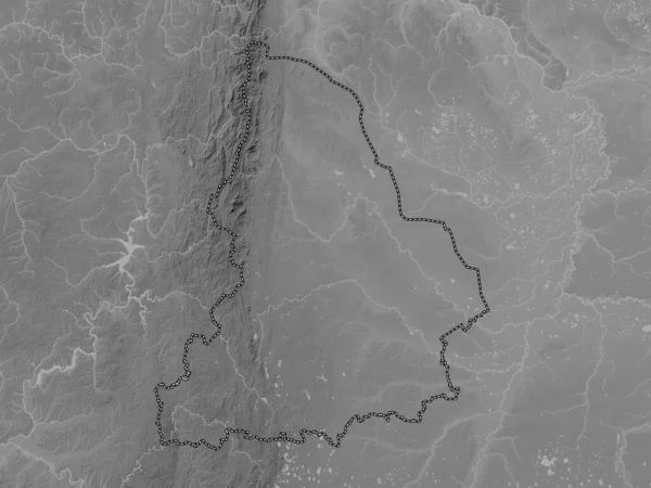 Sverdlovsk, region of Russia. Grayscale elevation map with lakes and rivers