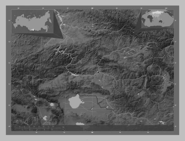 Tuva Republic Russia Grayscale Elevation Map Lakes Rivers Corner Auxiliary — Φωτογραφία Αρχείου
