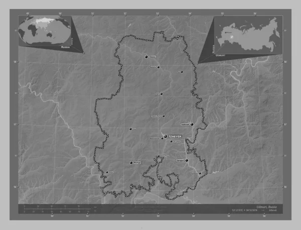 Udmurt Republic Russia Grayscale Elevation Map Lakes Rivers Locations Names — Foto Stock
