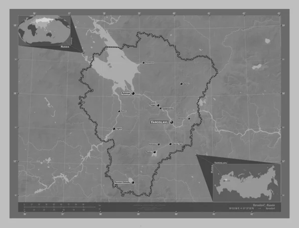 Yaroslavl Region Russia Grayscale Elevation Map Lakes Rivers Locations Names — Stock Photo, Image