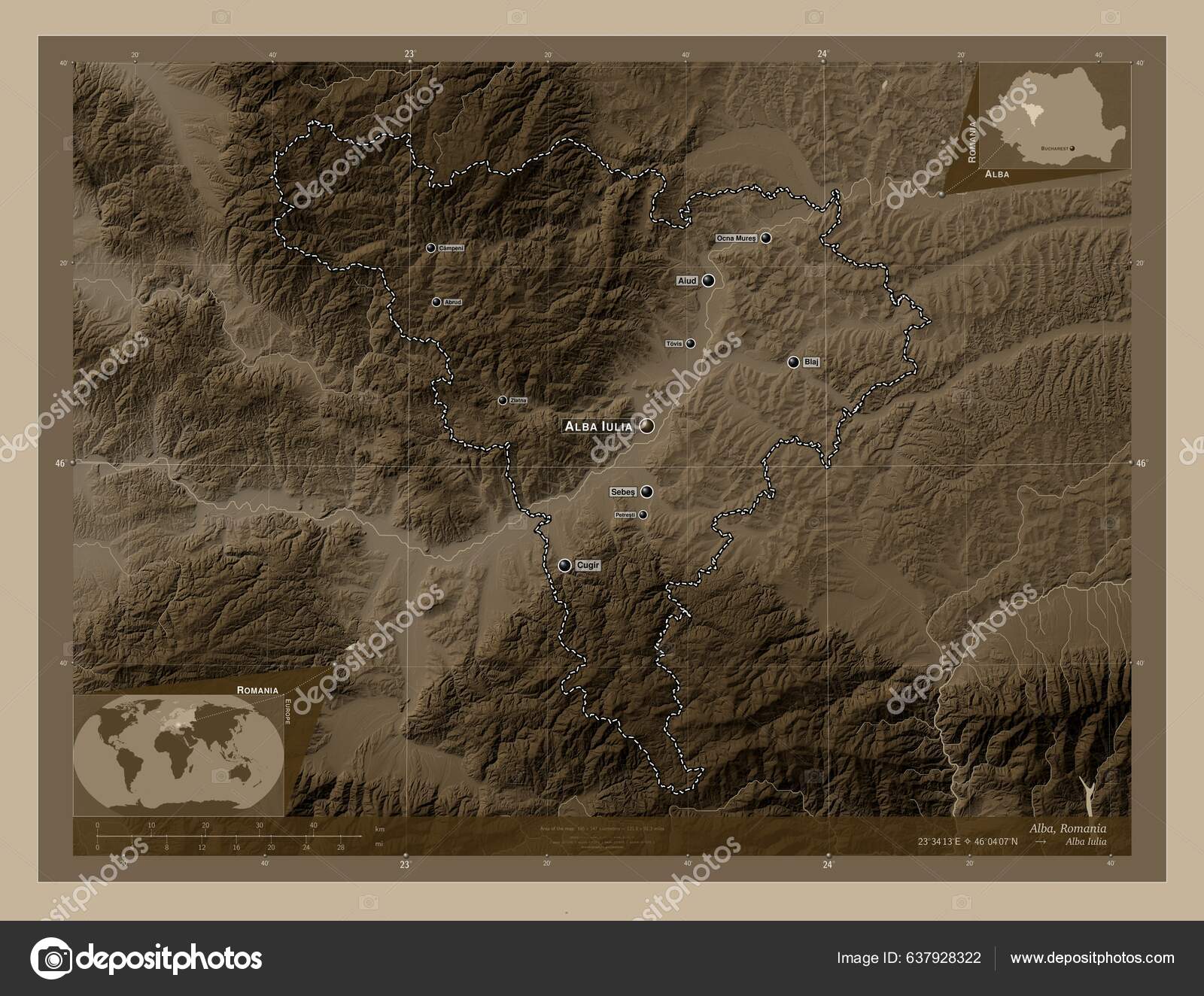Alba County Romania Elevation Map Colored Sepia Tones Lakes Rivers Stock Photo by ©Yarr65 637928322