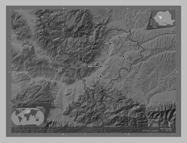 Alba, county of Romania. Grayscale elevation map with lakes and rivers. Locations and names of major cities of the region. Corner auxiliary location maps