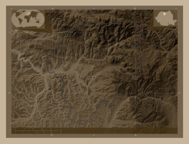 Bistrita-Nasaud, county of Romania. Elevation map colored in sepia tones with lakes and rivers. Corner auxiliary location maps