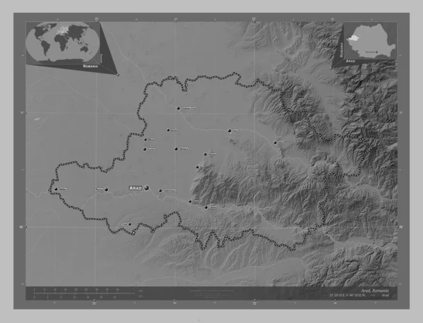 Arad County Romania Grayscale Elevation Map Lakes Rivers Locations Names — Fotografia de Stock