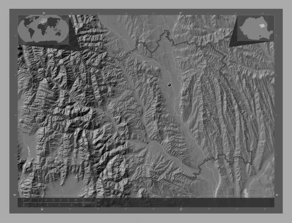 Bacau County Romania Bilevel Elevation Map Lakes Rivers Corner Auxiliary — Stock Photo, Image