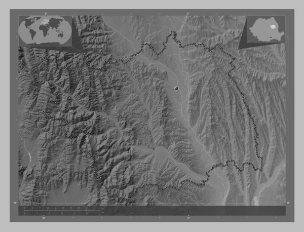 Bacau County Romania Grayscale Elevation Map Lakes Rivers Corner Auxiliary — Fotografia de Stock