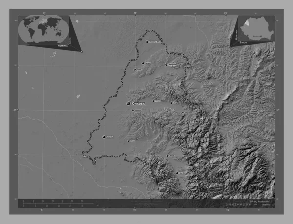 Bihor County Romania Bilevel Elevation Map Lakes Rivers Locations Names — Zdjęcie stockowe