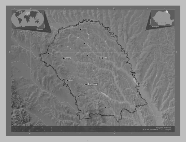 Botosani County Romania Grayscale Elevation Map Lakes Rivers Locations Names — Stock Photo, Image