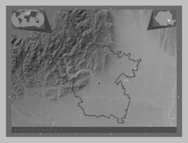 Buzau County Romania Grayscale Elevation Map Lakes Rivers Corner Auxiliary — Stock Photo, Image