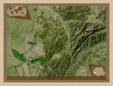 Caras-Severin, county of Romania. Low resolution satellite map. Corner auxiliary location maps