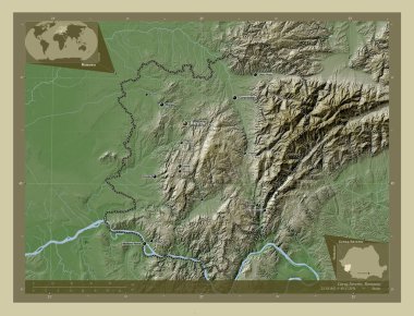 Caras-Severin, county of Romania. Elevation map colored in wiki style with lakes and rivers. Locations and names of major cities of the region. Corner auxiliary location maps