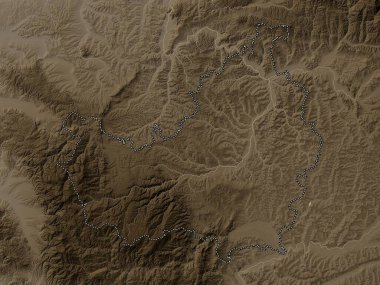 Cluj, county of Romania. Elevation map colored in sepia tones with lakes and rivers