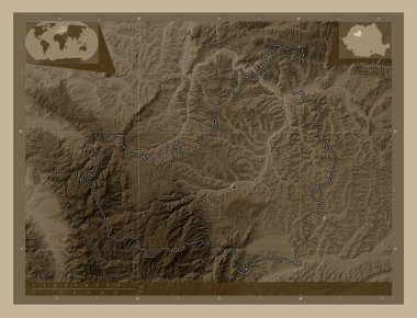 Cluj, county of Romania. Elevation map colored in sepia tones with lakes and rivers. Corner auxiliary location maps
