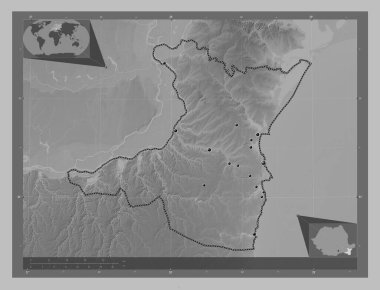 Constanta, county of Romania. Grayscale elevation map with lakes and rivers. Locations of major cities of the region. Corner auxiliary location maps