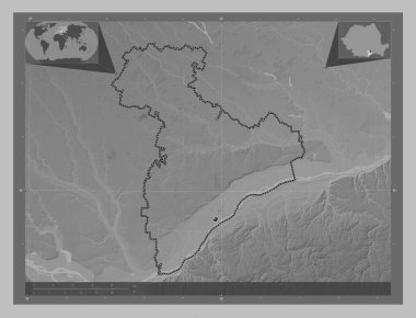 Giurgiu, county of Romania. Grayscale elevation map with lakes and rivers. Corner auxiliary location maps
