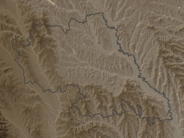 Iasi, county of Romania. Elevation map colored in sepia tones with lakes and rivers