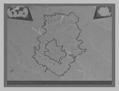 Ilfov, county of Romania. Grayscale elevation map with lakes and rivers. Locations of major cities of the region. Corner auxiliary location maps