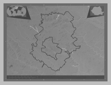 Ilfov, county of Romania. Grayscale elevation map with lakes and rivers. Corner auxiliary location maps