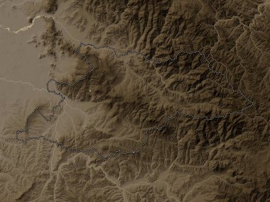 Maramures, county of Romania. Elevation map colored in sepia tones with lakes and rivers