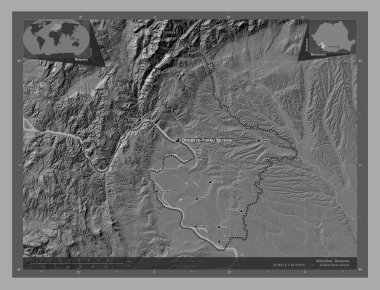 Mehedinti, county of Romania. Bilevel elevation map with lakes and rivers. Locations and names of major cities of the region. Corner auxiliary location maps
