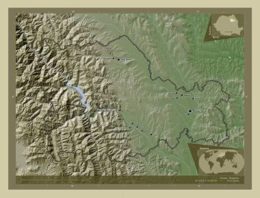 Neamt, county of Romania. Elevation map colored in wiki style with lakes and rivers. Locations and names of major cities of the region. Corner auxiliary location maps