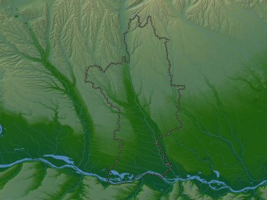 Olt, county of Romania. Colored elevation map with lakes and rivers