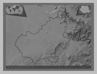 Satu Mare, county of Romania. Grayscale elevation map with lakes and rivers. Locations of major cities of the region. Corner auxiliary location maps