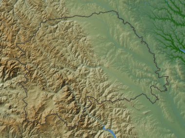 Suceava, county of Romania. Colored elevation map with lakes and rivers