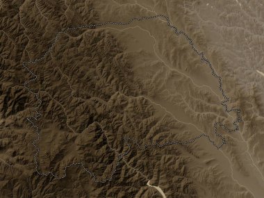 Suceava, county of Romania. Elevation map colored in sepia tones with lakes and rivers